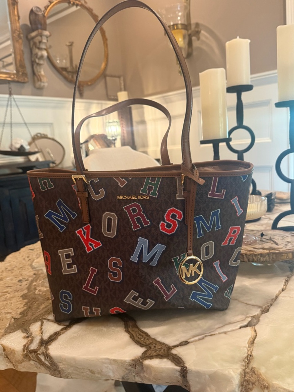 Michael Kors Jet Set Travel Tote Brown Logo Varsity Letter Print Bag NWOT - Picture 2 of 11